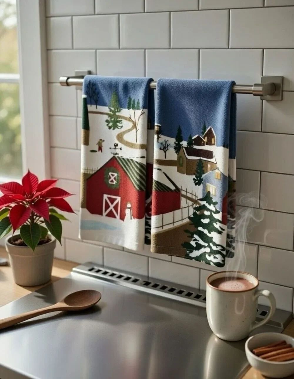 Lot of 2 Christmas Hand Towels House Barn Snow Holiday Kitchen Decor Snowman